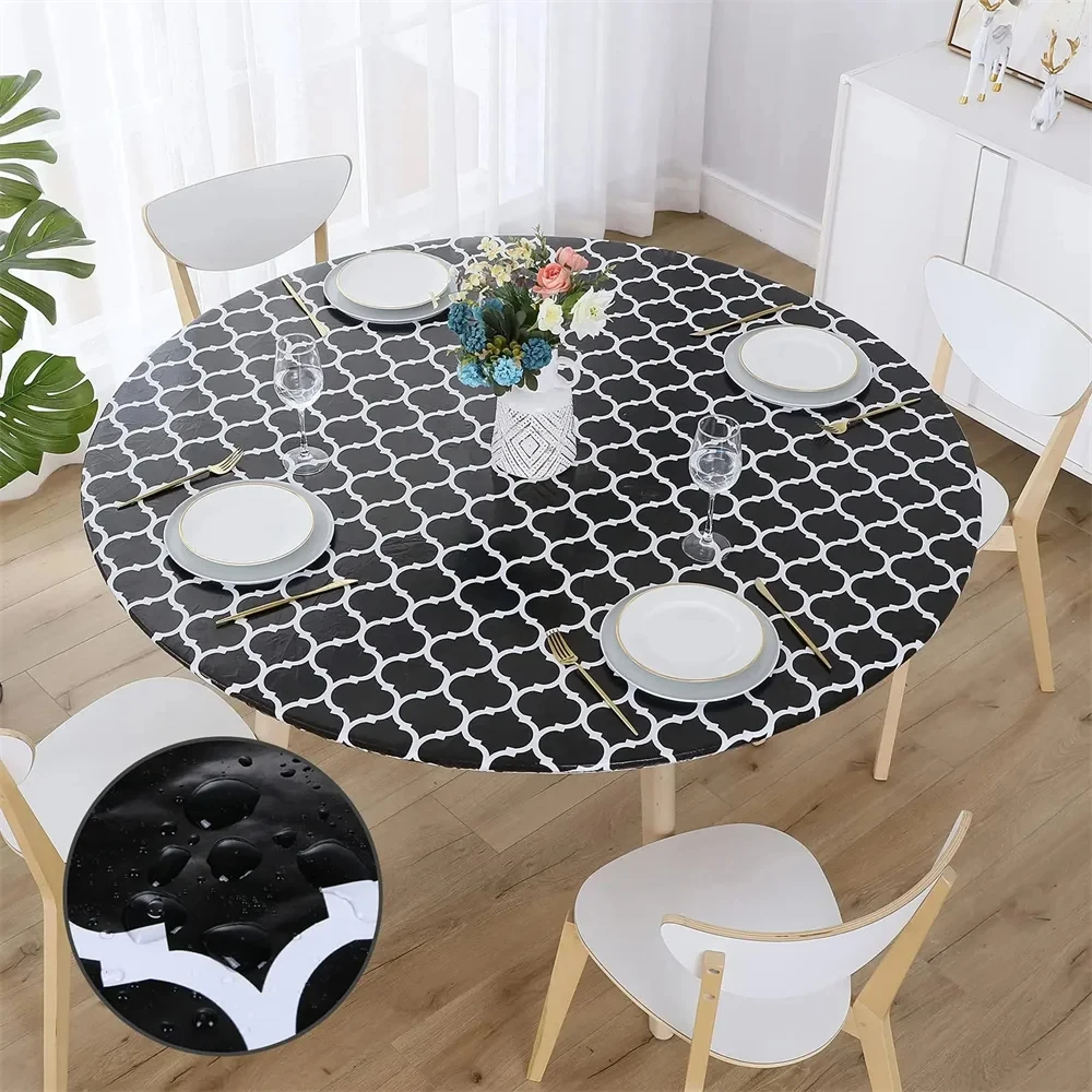 

Kitinjoy Round Tablecloth Flannel Backed Vinyl Table Cloth Waterproof Elastic Table Cover For Party Decor Picnic Camping Outdoor