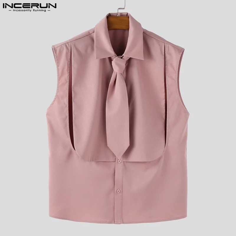 

INCERUN Men Shirt Solid Color Lapel Tie Up Sleeveless Casual Men Clothing Streetwear 2025 Summer Hollow Out Fashion Tank Tops