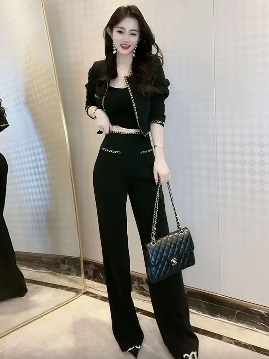 Women\'s Small Fragrant Style Short Metal Chain Blazers Wide Leg Pants Set with Retro Black Round Neck Suit  Two-piece