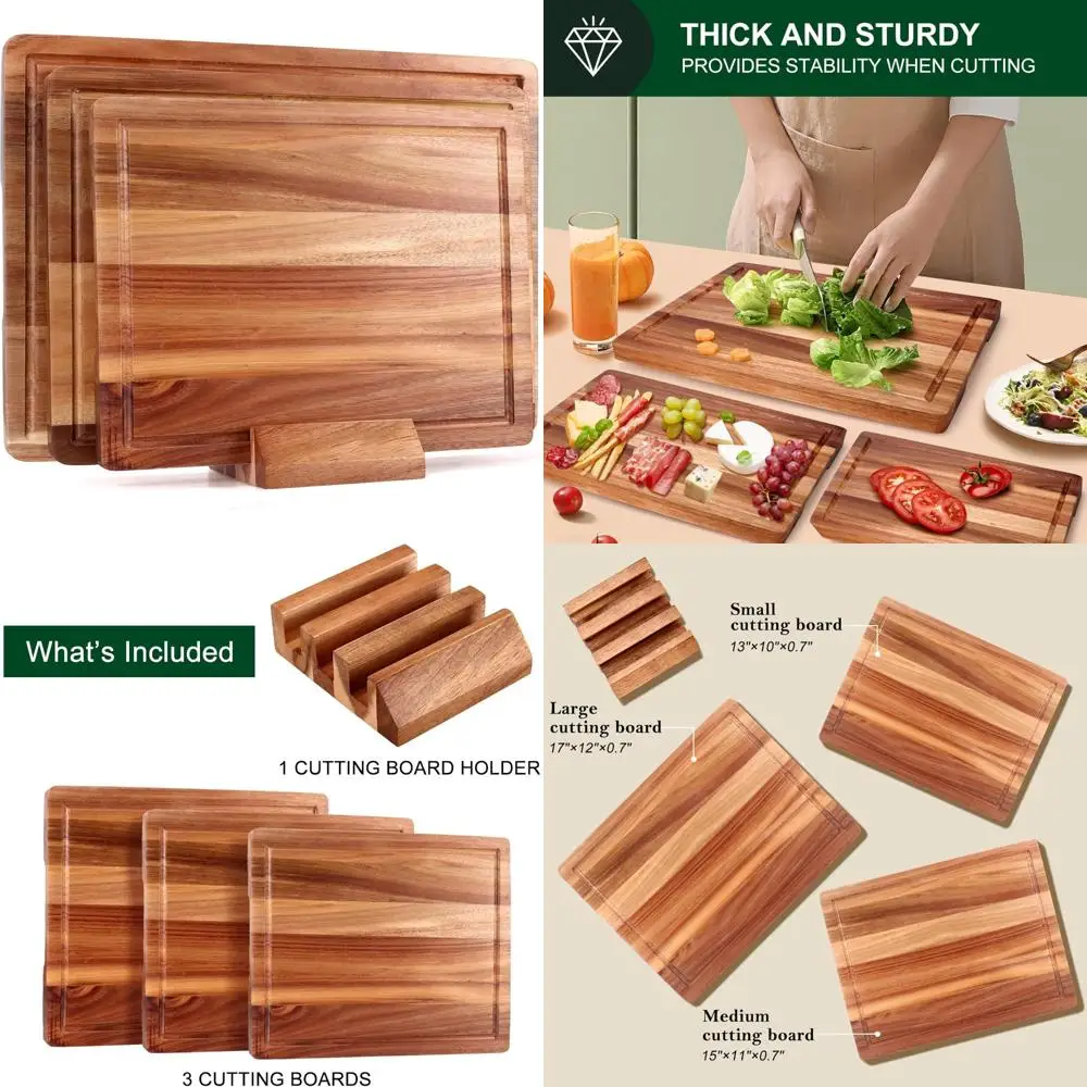 

Acacia Wood Triple Set Chopping Boards with Holder for Kitchen and Charcuterie