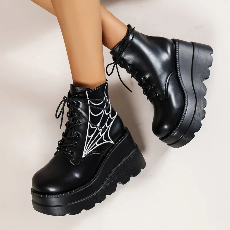 Women's Single Shoes Spring Autumn New Thick Soled Cobweb Lace-up Leather Boots Fashion Comfortable Increase Professional Boots