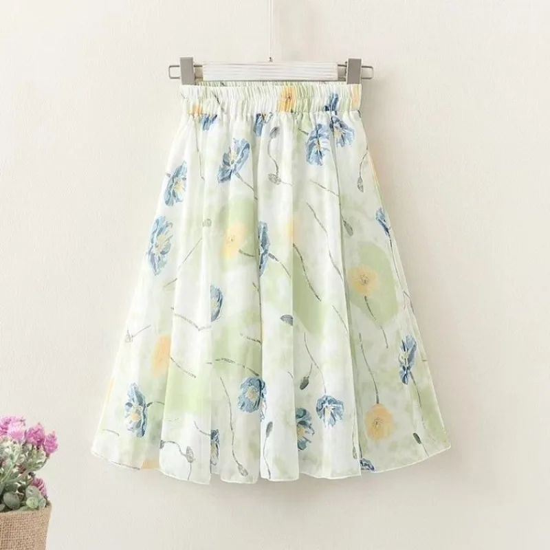 Girl's Ethnic Retro Chiffon Half Skirt with Ink Wash Floral Print Summer Lightweight Knee Length Versatile Skirt​