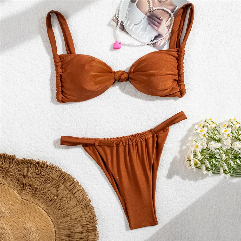 البني معقود مثير ملابس سباحة نسائية صغيرة ثونغ مجموعة ملابس السباحة النساء 2026 الساطع السيدات ملابس السباحة البسيطة ثوب السباحة البيكينيات دي Mujer Biquini #4
