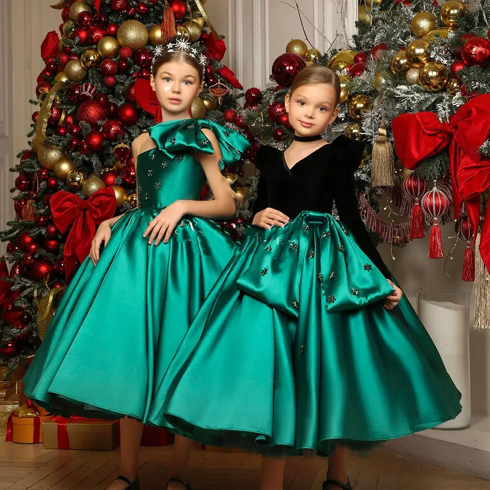 Jill Wish Luxury Arab Green Girl Dress Crystal One Shoulder Satin Dubai Kids Princess Birthday Wedding Party Ball Gown 2025 J368