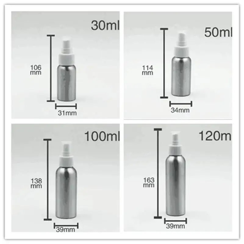 스프레이 포함 빈 실버 알루미늄 금속 향수병, 화장품 용기, 도매, 50 개, 30, 50ml, 100ml, 120ml, 1 3.5, 4 OZ