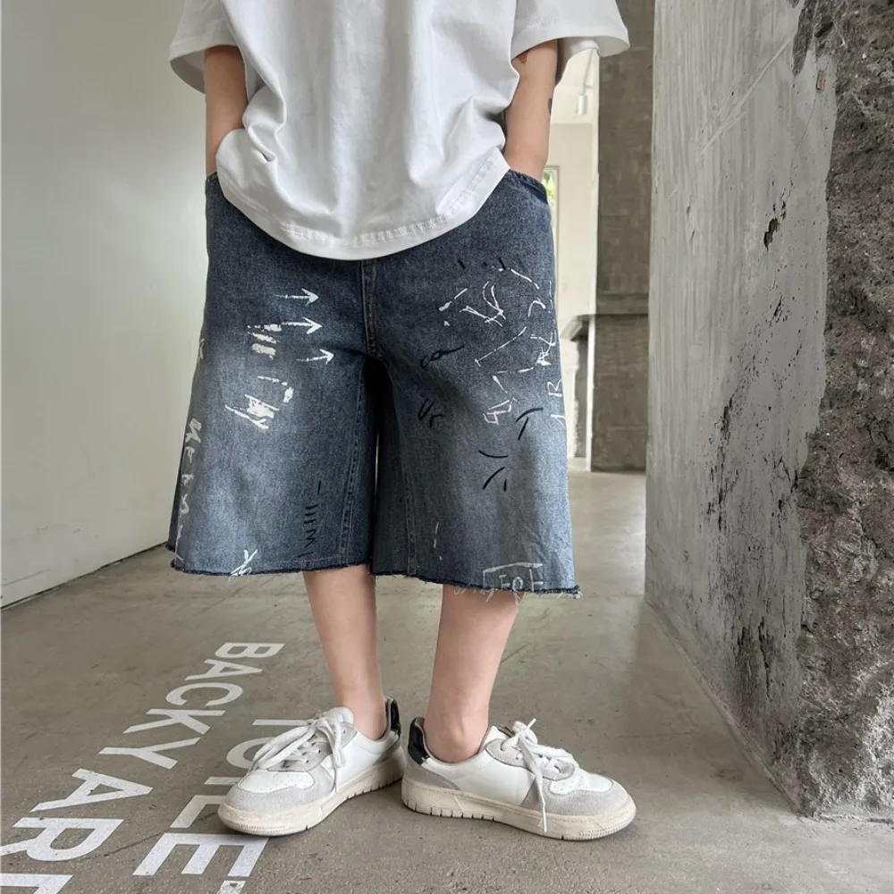 

Boys Pants Korea Style 2024 Summer New All Match Graffiti Shorts Jeans Loose Casual Boys Baby Fashion Kids Summer Clothes