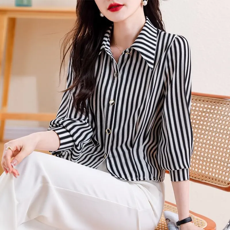 Womens Fashion Classic Striped Print Button Shirt Office Lady Elegant Lapel Blouse Casual Long Sleeve Loose Tops Chiffon Camisas