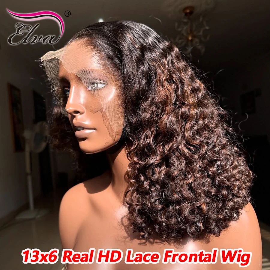 

Ombre Colored Burmese Curly 13x6 Transparent Lace Front Wigs For Woman Lace Glueless Wigs Human Hair Short Bob Highlight Wigs