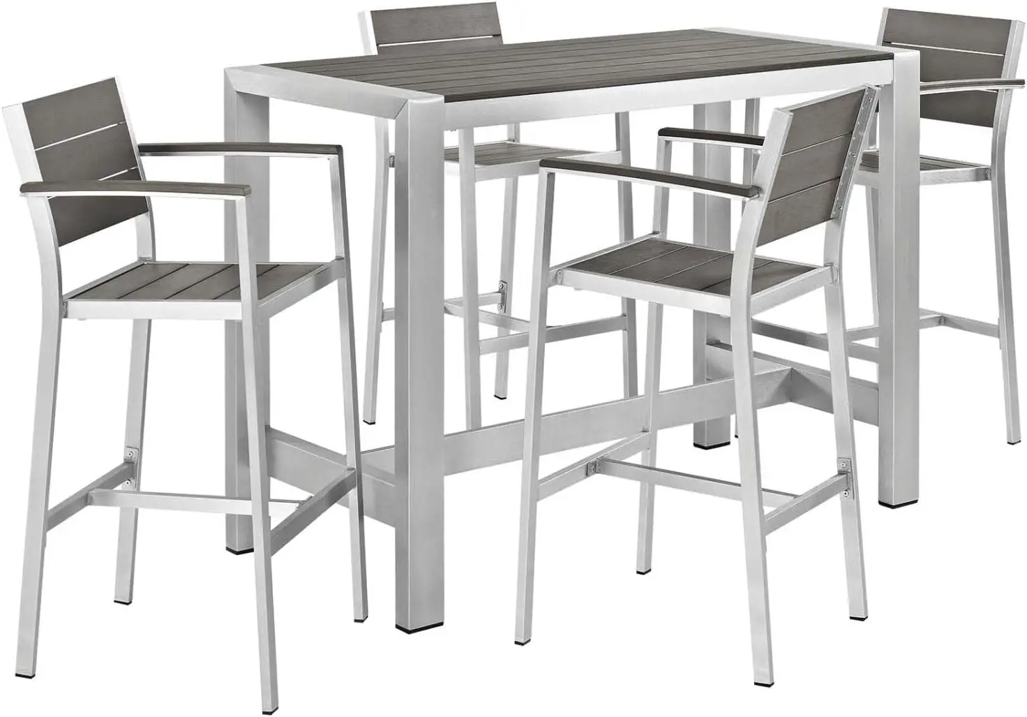 5-Piece Aluminum Outdoor Patio Pub Bistro Set with Bar Stools in Silver Gray