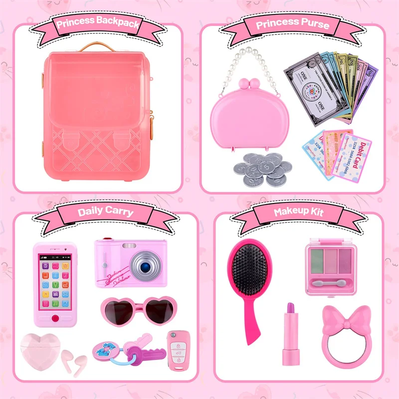 Kids Makeup Purse Playset Toys for Girls Pretend Play Set with Fashionably Schoolbags Makeup Lipstick Smartphone Fake Money