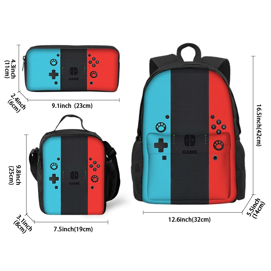 3 Pcs Set Simple Games Console Lunch Bags ,Pen Bags ,Front Bag Backpack For Boys/Girls Children Gifts Teens Laptop BookBag