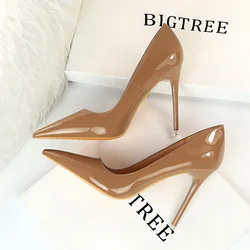 Autumn Patent Leather Concise Women's Shoes Pointed Toe Office High Heels Pumps Women Sexy Party Wedding Shoes Shallow Nude Red