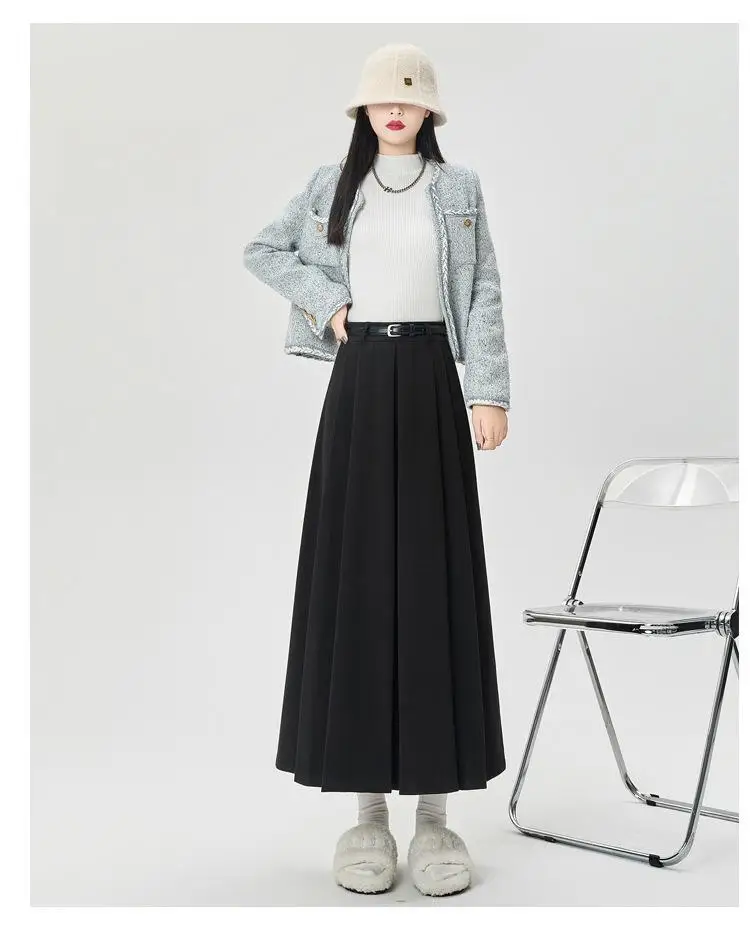 2025 Spring and Autumn New Suit Half length Skirt with High Waist and Drop Feeling pleated Skirt Medium length Large Swing Skirt