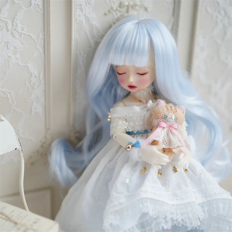 BJD pop pruik voor 1/6 maat lange rol zachte zijde lichtblauwe pruik pop accessoires