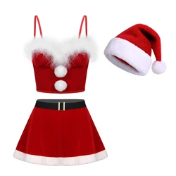 2 Pieces Womens Santa Claus Cosplay Cosutme Christmas Dress Mini Skirts with Bustier Crop Top Ball Decor Corset with Skirt Hat