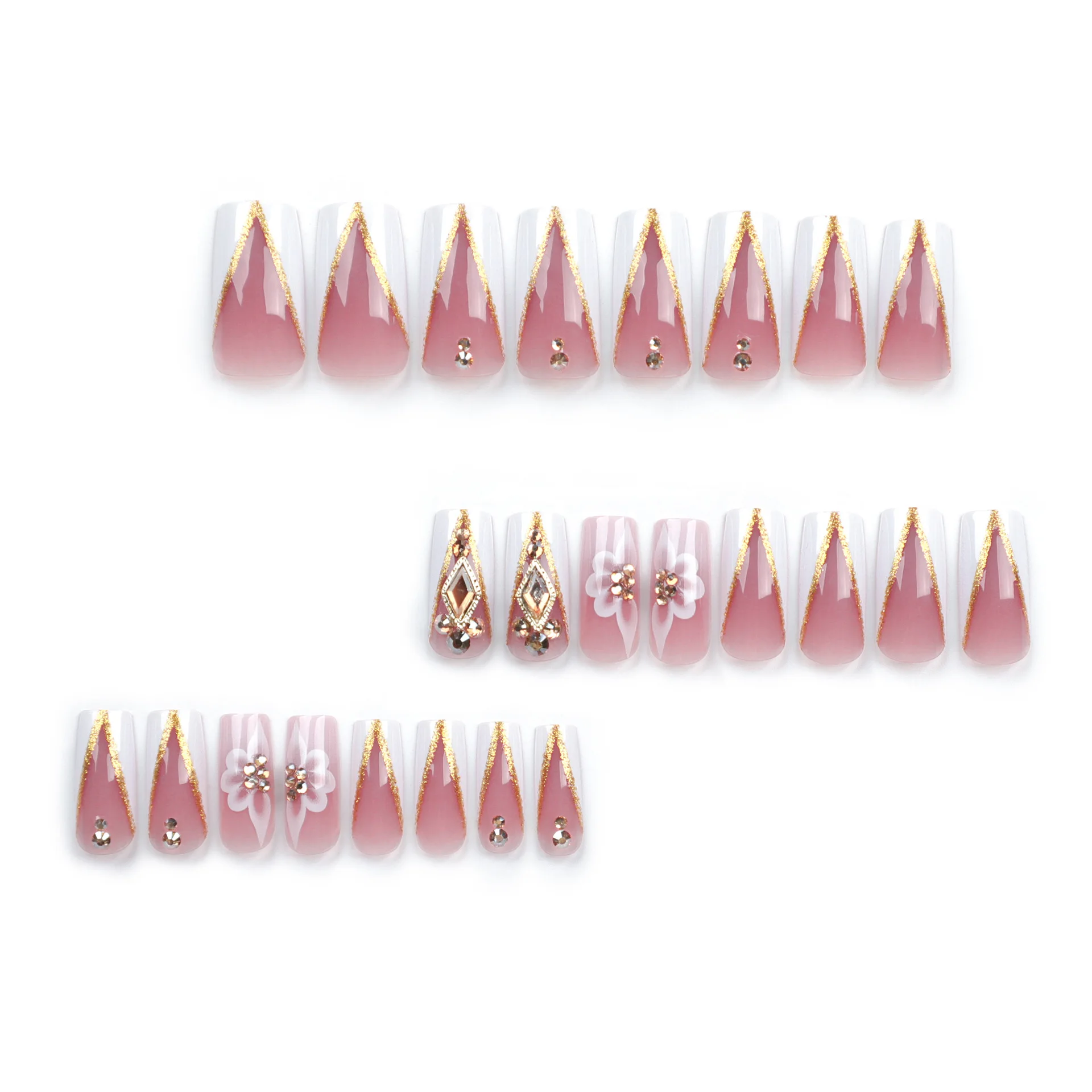 24pcs French V Shape False Nails, Rhinestone Flower, Long Ballerina Casket False Nails, Detachable Nail Manicure Press