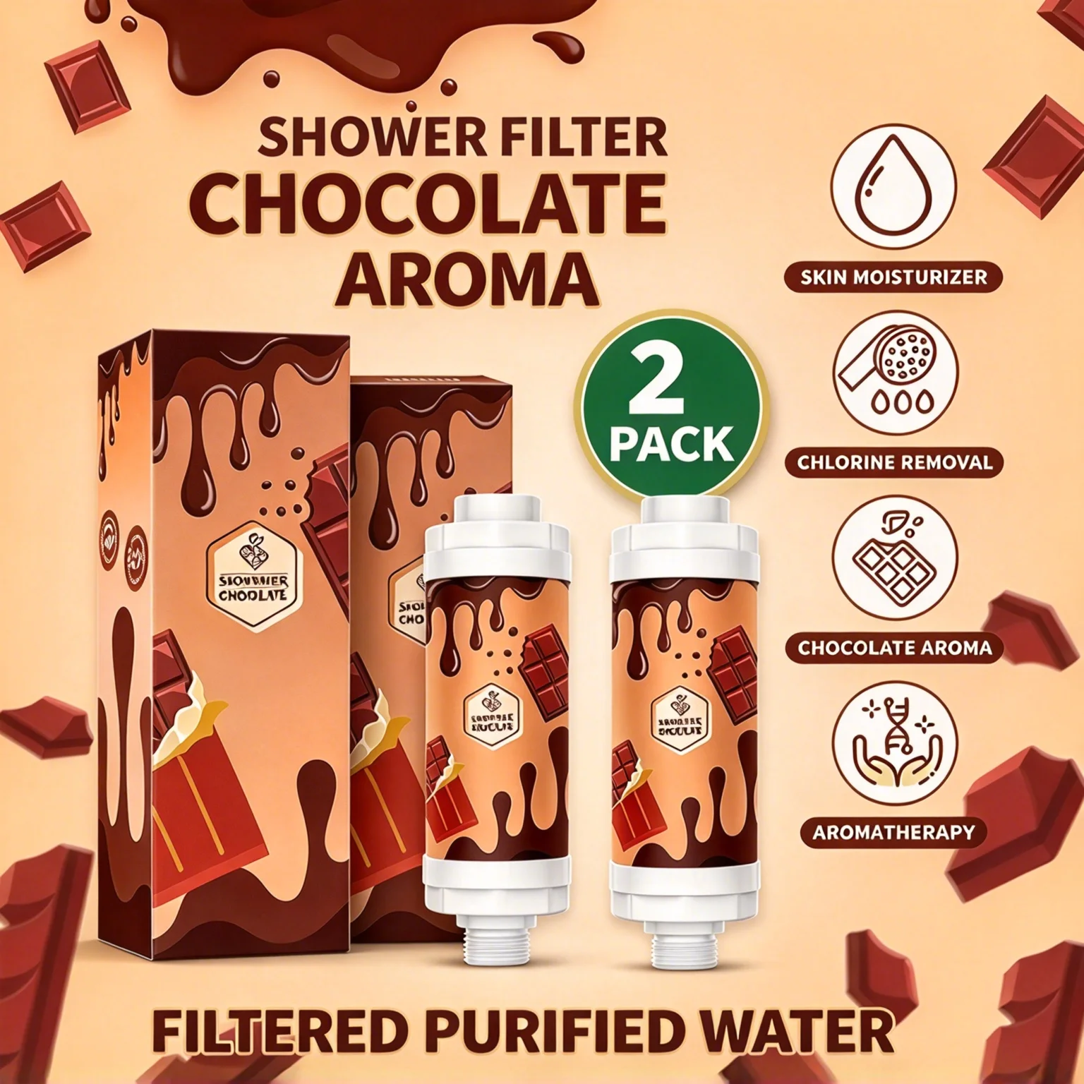 シャワーフィルター2個入り、チョコレートの香りがするシャワーヘッド用フィルター、水質軟化剤、髪や肌の乾燥を防ぎ、塩素を除去、バスルームアクセサリー