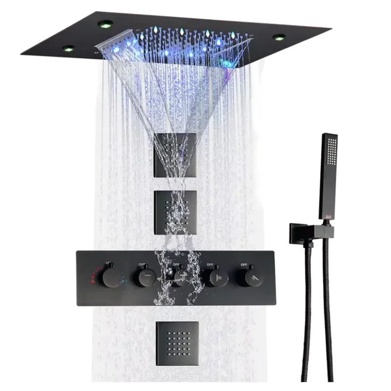 Oil Rubbed Bronze Thermostatic Rain Shower Faucet System 14 X 20 Inch LED Waterfall Rainfall Shower Head Bathroom Mixer Set