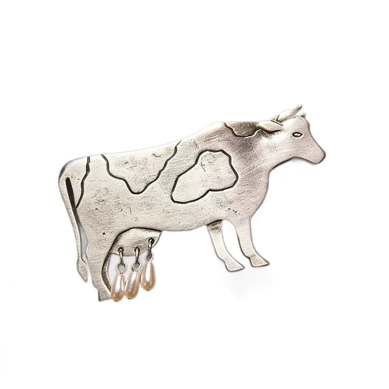 Bead-Look Drop Cow Brooch with Outlined Patch Design and Pin-Back Structure for Adding Dimensional Detail to Clothing and