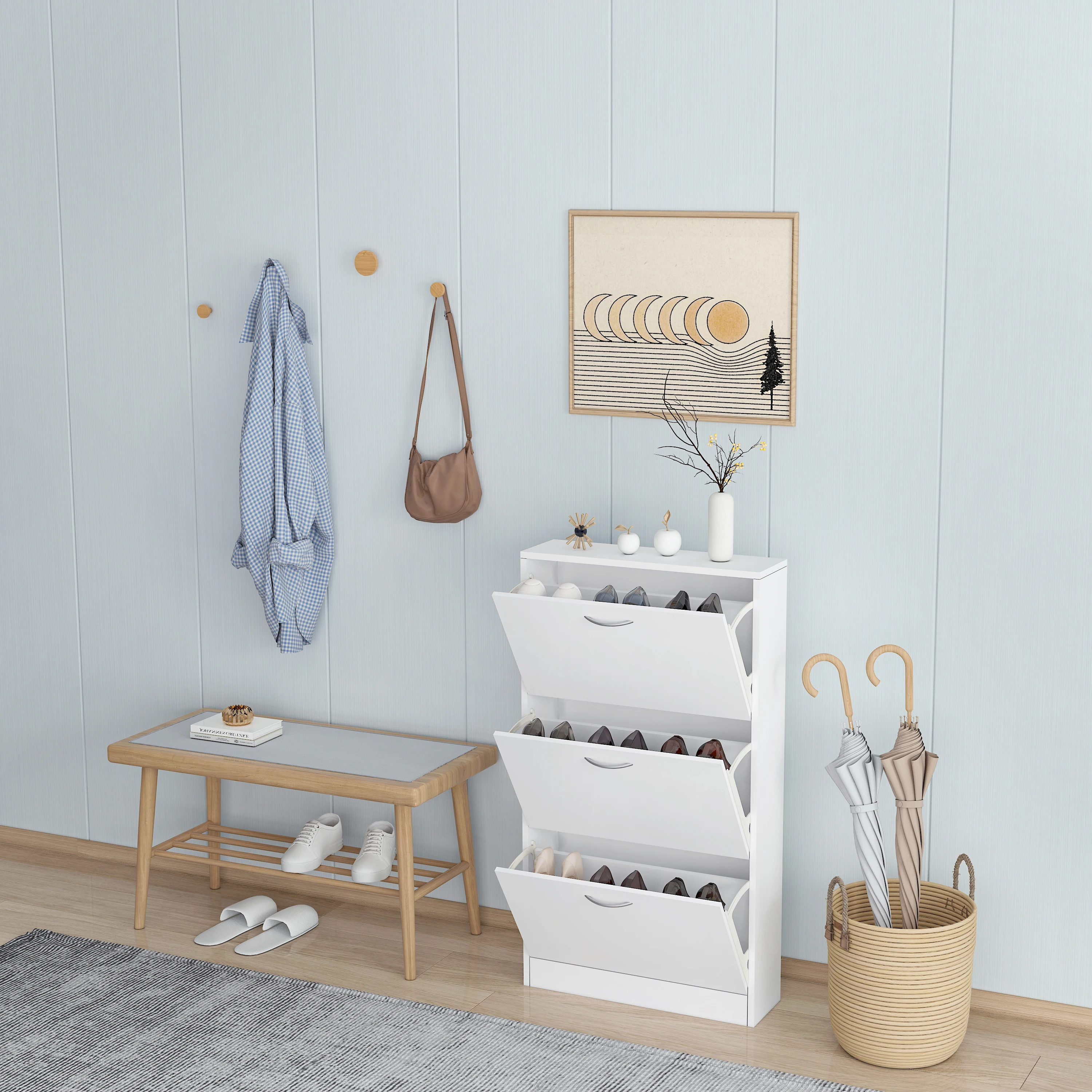 

Shoe Cabinet for Entryway, White Narrow Shoe Storage Cabinet Flip Down Shoe Rack Wood 3 Tier Organizer for Home