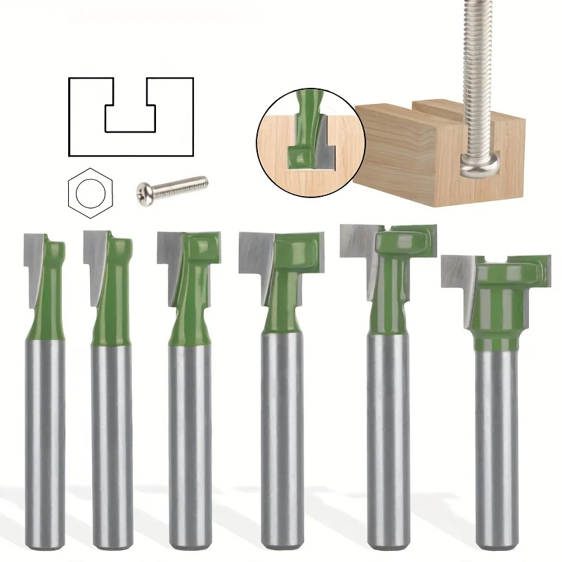 

‌ "6 шт., 1/4 дюйма, фрезы для замочных скважин и Т-образные паза — двусторонние деревообрабатывающие насадки для фоторамок, отверстий с замком и прецизионной резьбой" ‌
