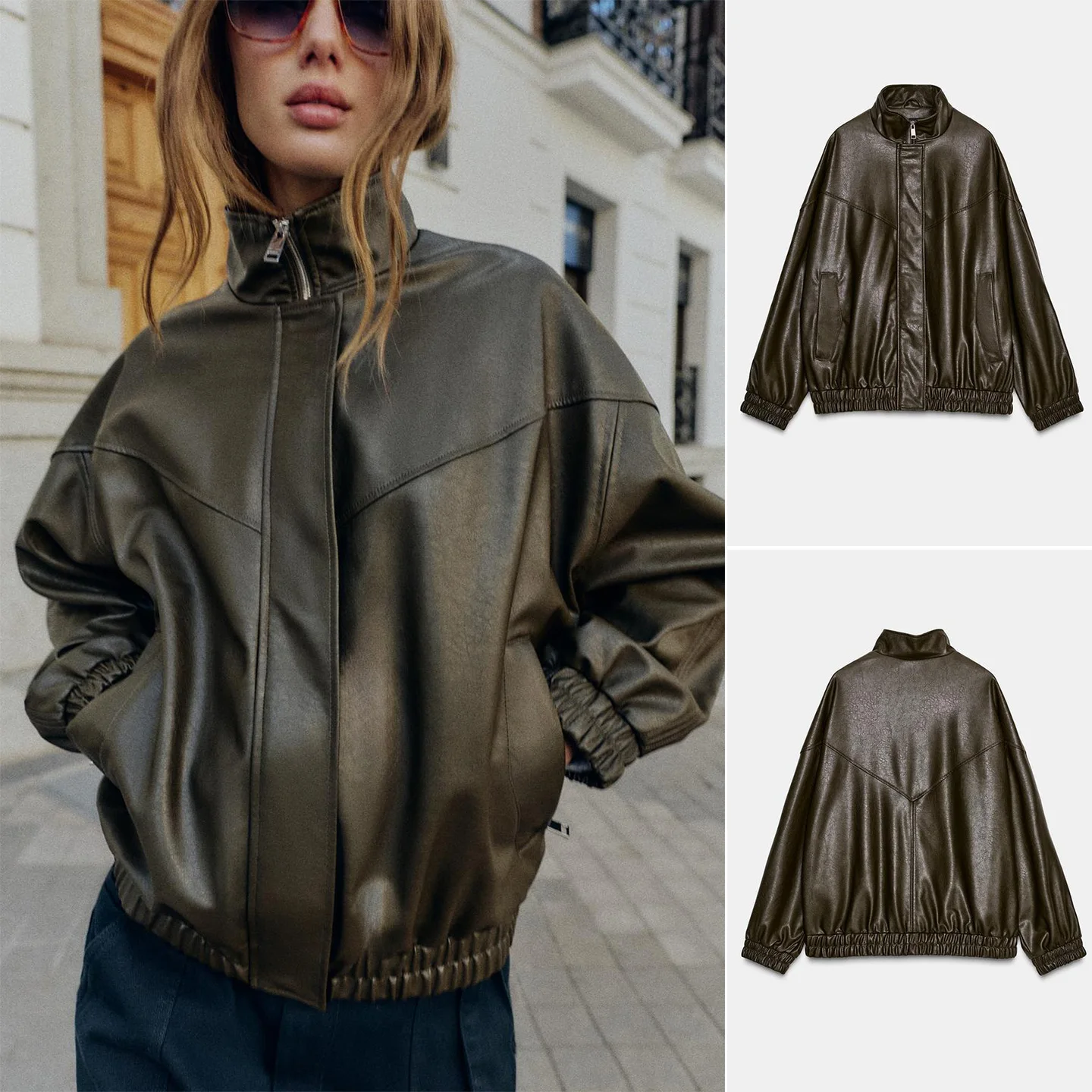 Zimowa damska kurtka pilotka z zamkiem błyskawicznym, długim rękawem, stójką, wykonana ze skóry PU, z włókna poliestrowego 100%, o regularnej długości.