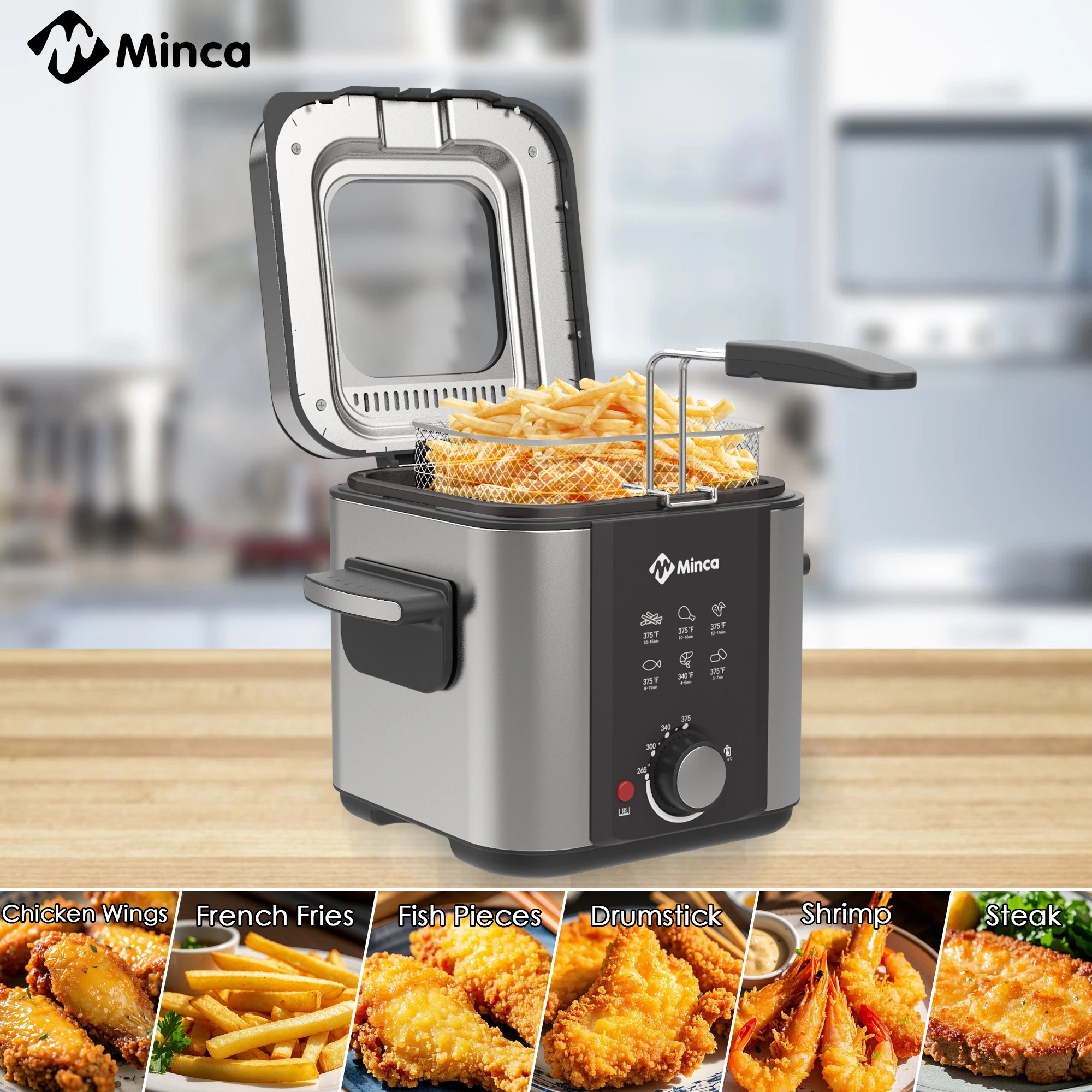 Minca 1.5L Electric Deep Fryer Stainless Steel with Viewing Window Adjustable Temperature Removable Basket Cool-Touch Handle