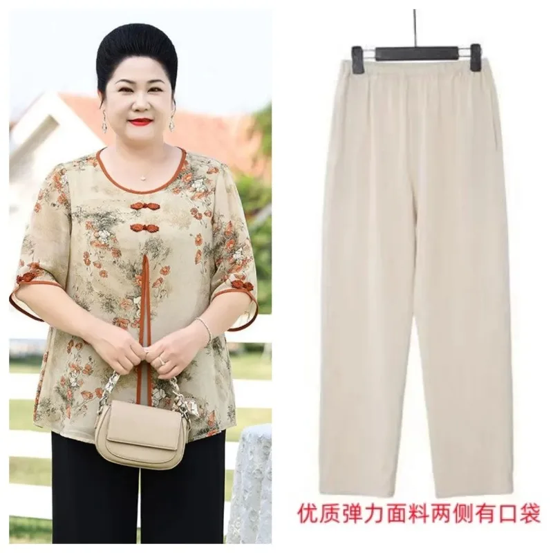 

Женская шифоновая блузка для женщин среднего возраста, комплект из двух предметов, с цветочным принтом, рукав до локтя, свободный крой, повседневная, стройнящая, больших размеров, бежевая