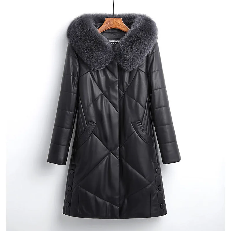 

Thick Warm Parka Coat Long Plus Size 5XL Sheepskin Hooded Coat New Winter Chic Pu Leather Down Cotton Jacket Women's Overcoat