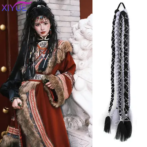 XIYUE 합성 실버 스레드 복싱 브레이드 테일 클립 포니 테일 헤어 익스텐션 내열성 천연 더블 말 꼬리 블랙