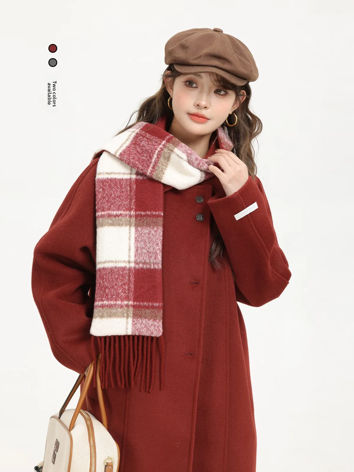 

New Year's Plaid Scarf Long Fce Lined Woolen Coat Slimming Winter Outerwear Korean Sle Commute Loose Fit Single Button