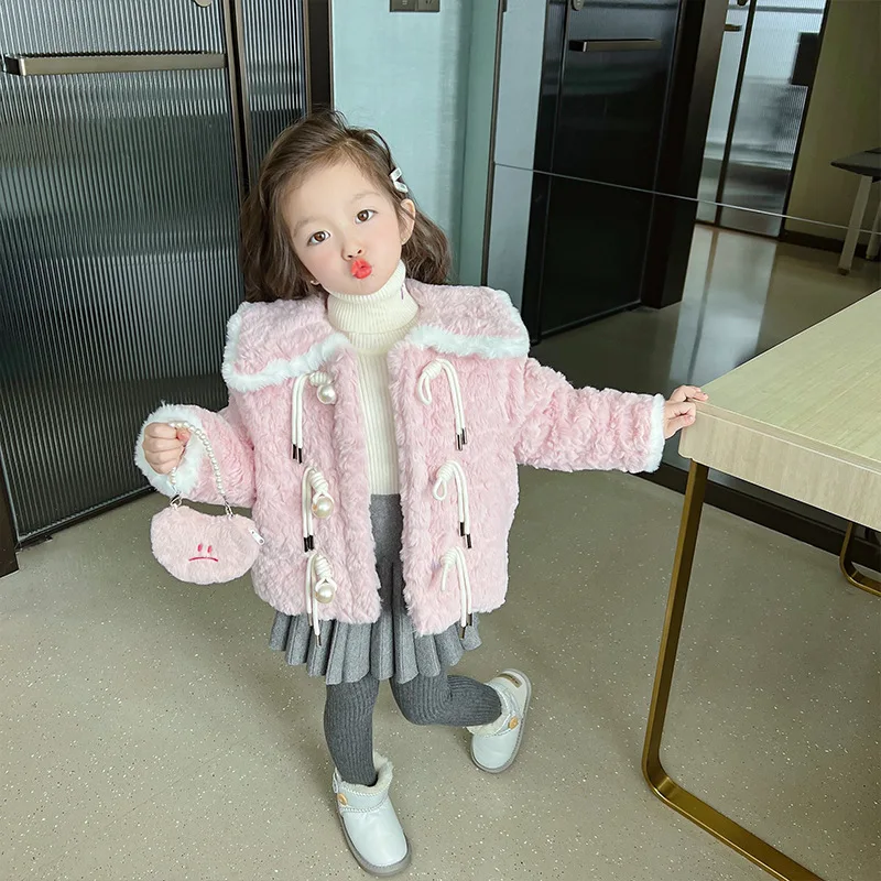 Girls Fleece Thick Cute Wool Coat Children 2024 New Autumn Winter Fashion Simple Casual Warm Coat Korean Sweet Style Top