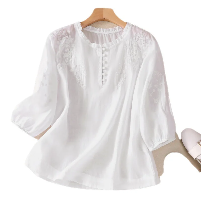 Summer Vintage Shirts Elegant OL Work Blouse Women 3/4 O Neck Loose Sleeve Tops Embroidery Blusas Femme Causal Cotton Chemsie