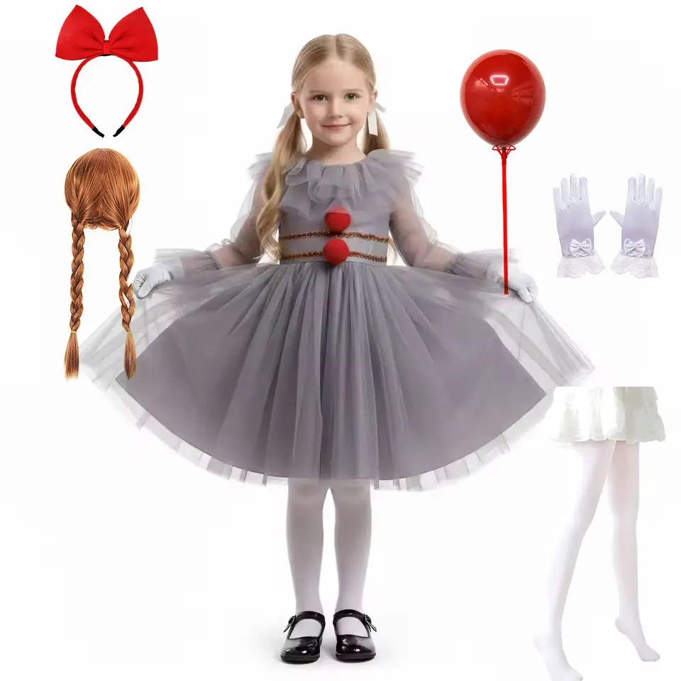 Kids Clown Cosplay Tulle Dress  With Red Pom-Poms Girls Joker Costume Halloween Party Pennywise Role Play Villain Outfit 3-10Yrs