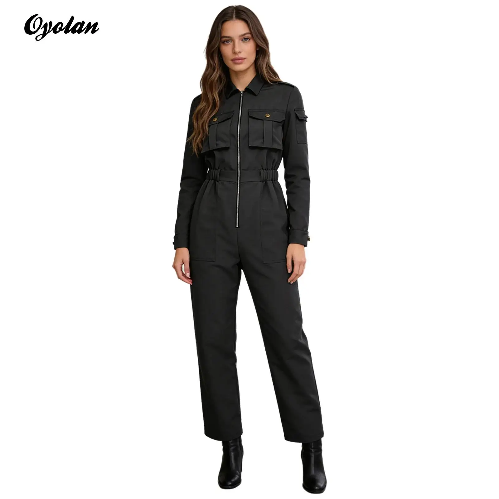 

Womens Coveralls Jumpsuit Workwear Rompers Streetwear Multi-pocket Long Sleeve Front Zipper Wide Leg Pants Cargo Overalls