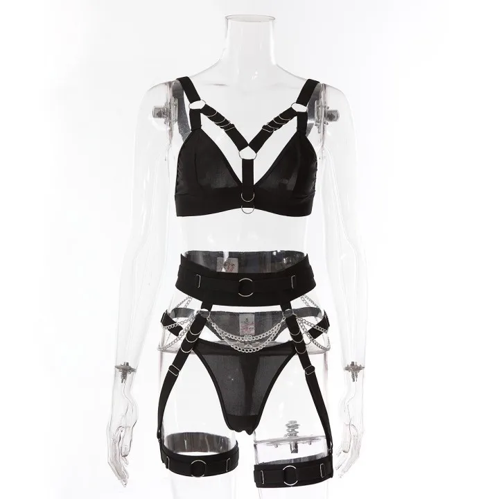 ينغيرييس جنسي ساخن عارية الكتف سبليت ثلاث نقاط سلسلة حزام مجموعة الملابس الداخلية الكبار الإناث الملابس الداخلية زي امرأة الاباحية الجنس المثيرة