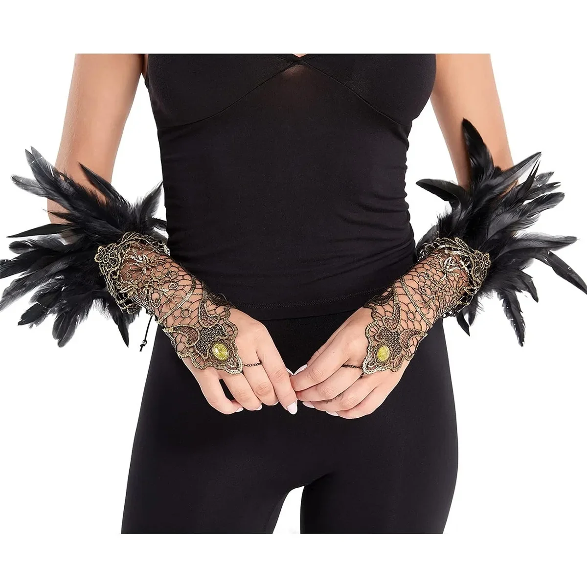 

Feather Multi-layer Feather Lace Lace Arm Chain Gothic Style Jewelry Bracelet for Women Exaggerated Retro Hollow Gold Arm Chain