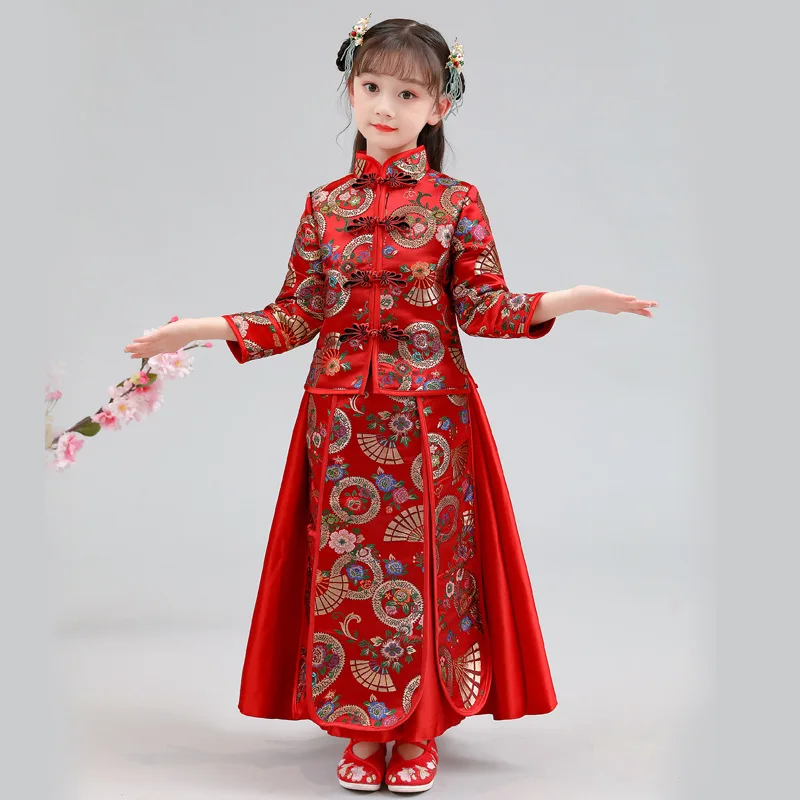 Girls' Xiuhe Chinese Style Baby Dress Cheongsam Children's Tang Suit Little Girl New Year Ancient Costume Hanfu S