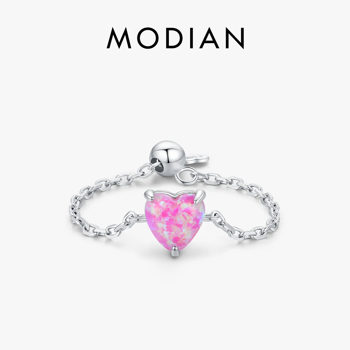 

Modian 925 Sterling Silver Romantic Heart Opal Sparkling Link Chain Adjustable Finger Rings Classic Wedding Jewelry For Women