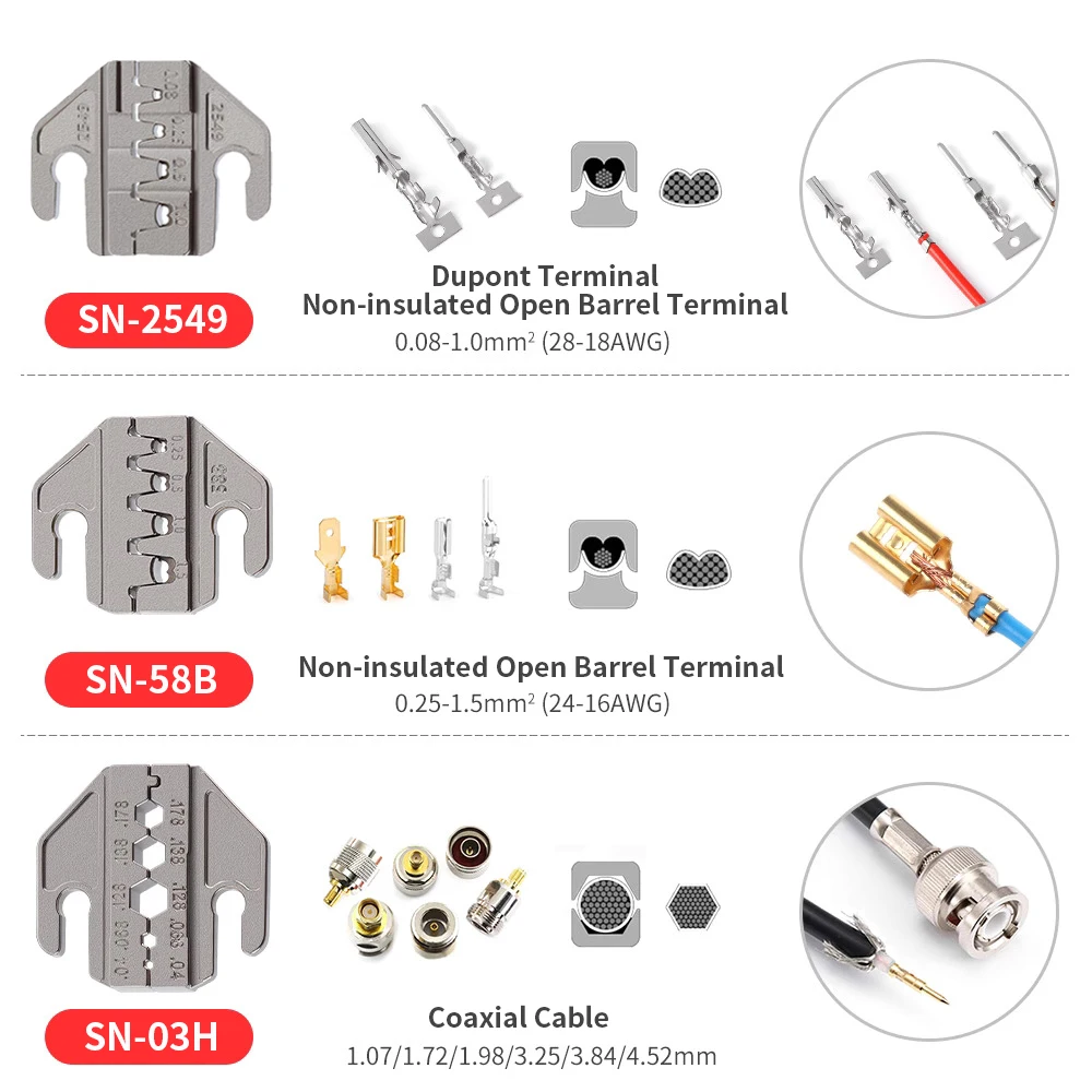 SN Series Crimping Tools Plier 4mm Slot Jaws Set For Crimper Non Pre Insulated/Solar/Ferrule/Coaxial Cable/Open Barrel Terminals