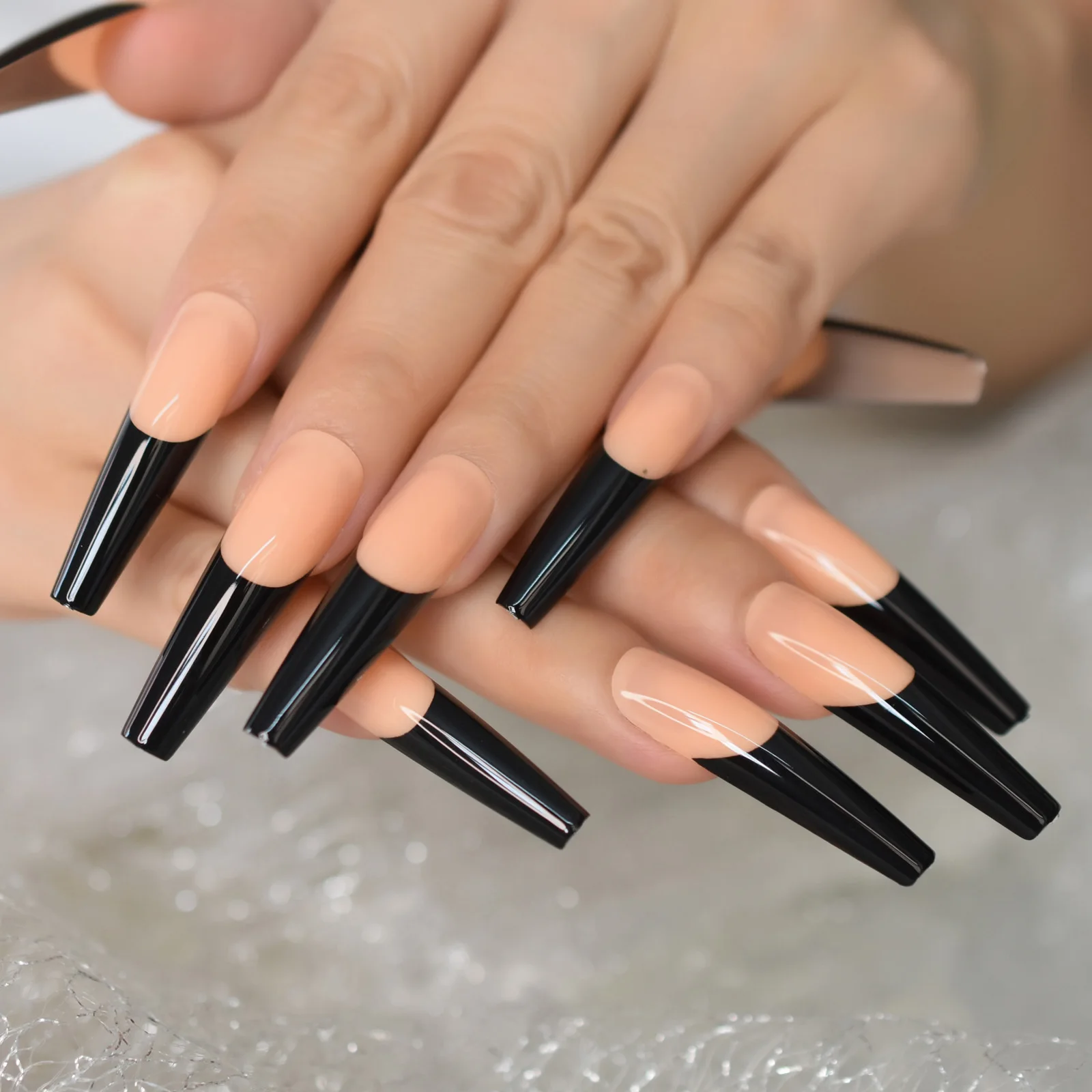 Glossy Black French Press on False Nails Super Long Coffin Ballerina Shape Gel Orange Nude Fingersnails Ballet Clip for Lady