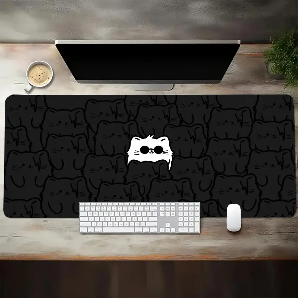 Extra Large Wide Full Desk Mouse Pad, Cute Cartoon Black White Cat Print Non-slip Desk Mat  for Gaming Desktop Decor