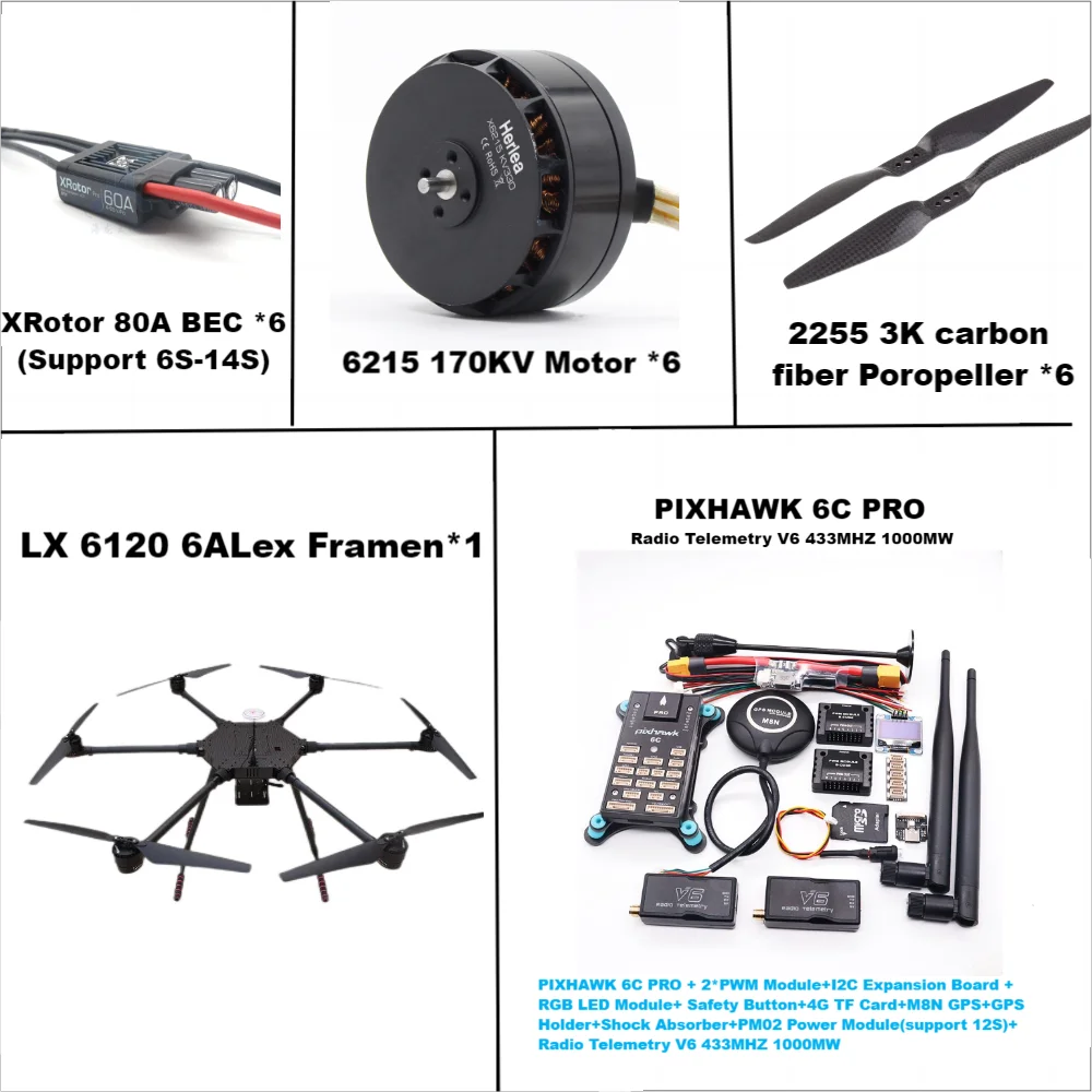 LX6120 Pixhawk 6C PRO M8N M9N M10 Vollcarbon 1200 mm Hexa-Rotor-Rahmen X-Roter 80 A ESC PX4 Flight Control Set 6215 Motor