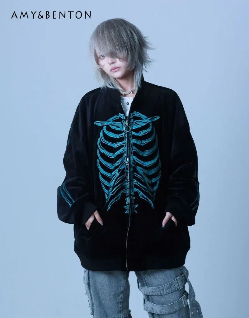 

Бархатная бейсбольная куртка Subculture Dark Punk с вышивкой в японском уличном стиле Y2K, большие женские куртки на молнии для горячих девушек