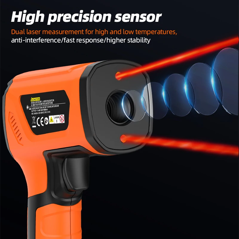 -50°C~1600°C Non-contact Infrared Thermometer Temperature Gun Probe Laser Pyrometer Adjust Emissivity High Temperature Meter