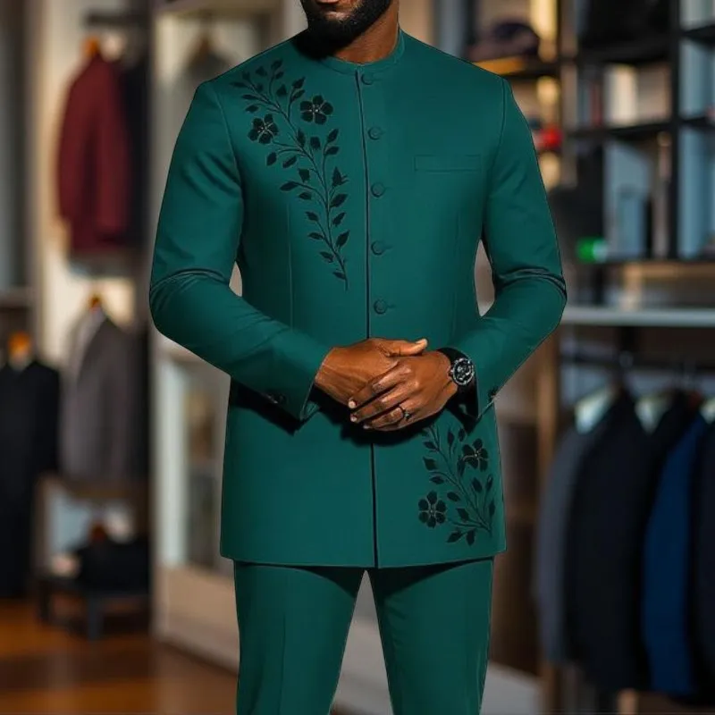 

Мужской костюм-двойка в современном китайском стиле: пиджак с бусинами и цветочным узором и брюки. Формальный свадебный смокинг.