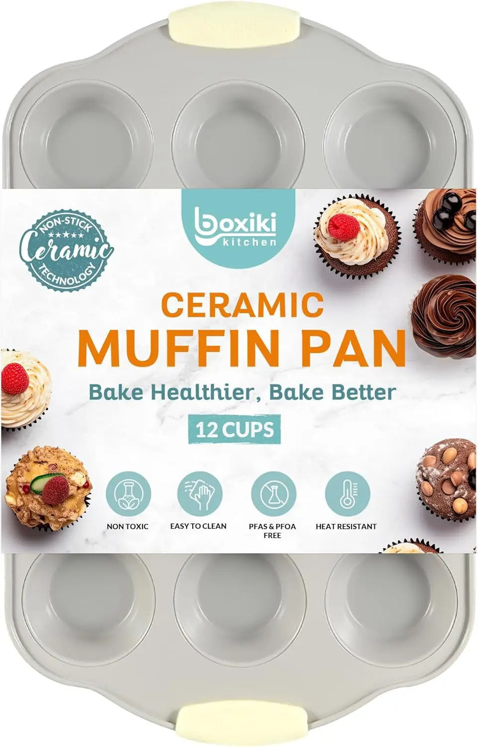 

12-Cup Nonstick Muffin Pan with Ceramic Coating and Silicone Handles for Easy Baking and Cleaning