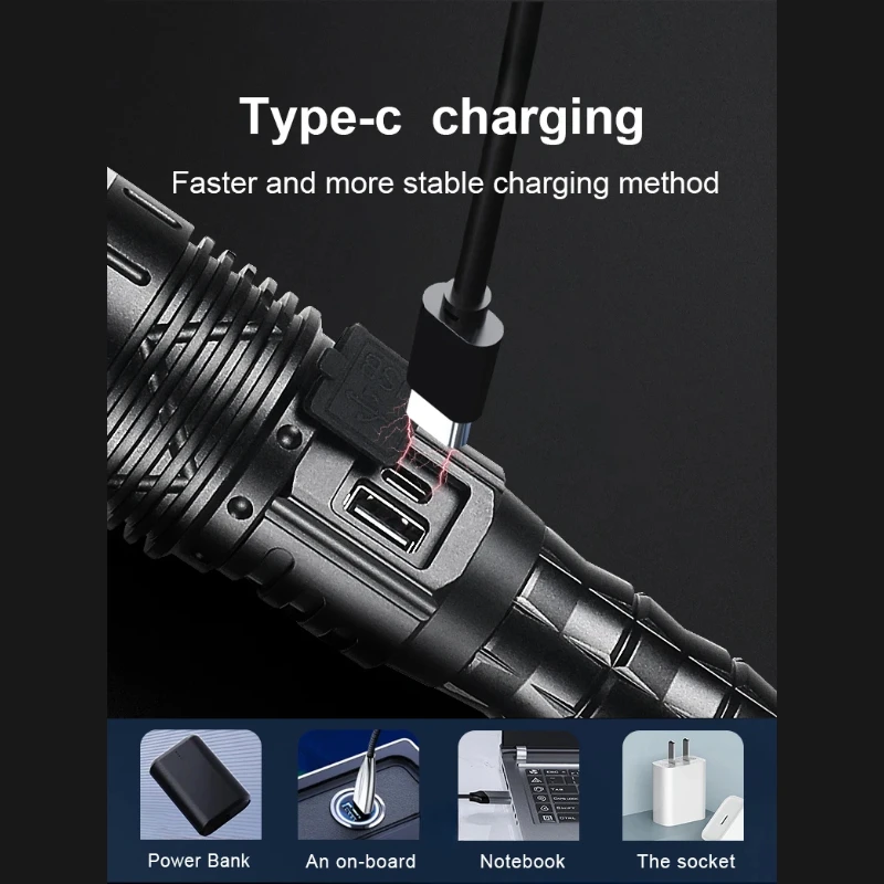 160000LM high-power LED flashlight rechargeable LED light 10000mAh flashlight variable zoom waterproof tactical camping lantern