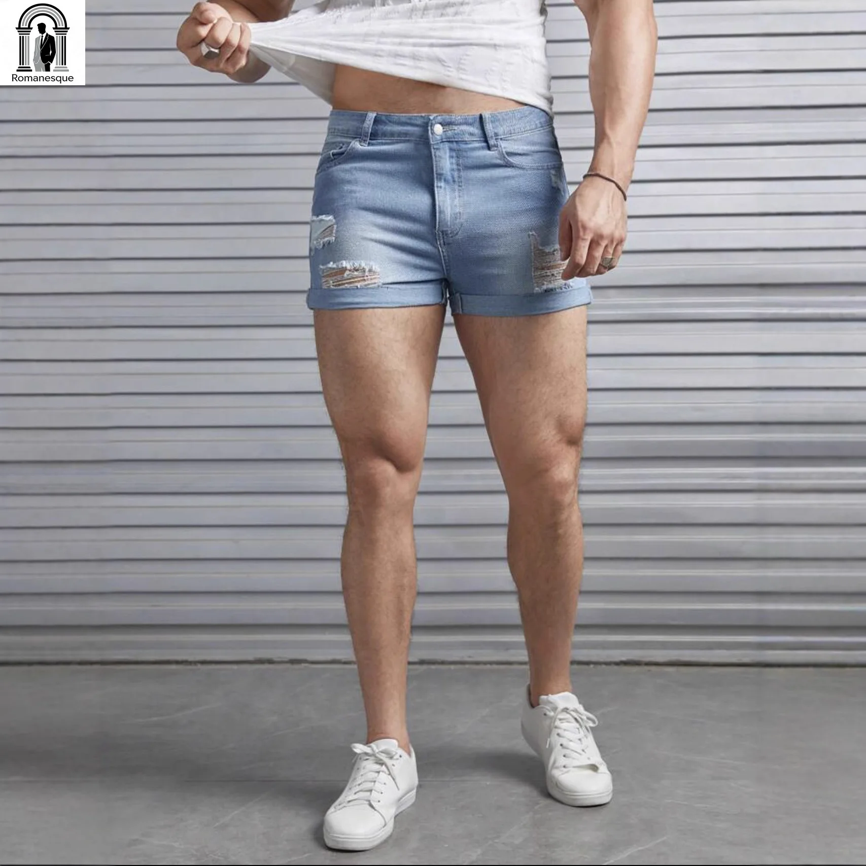 

Men's Summer Ripped Denim Shorts European American Style Fashion Casual 3-Inch Short Pants Men's Slim Fit Ripped Denim Shorts