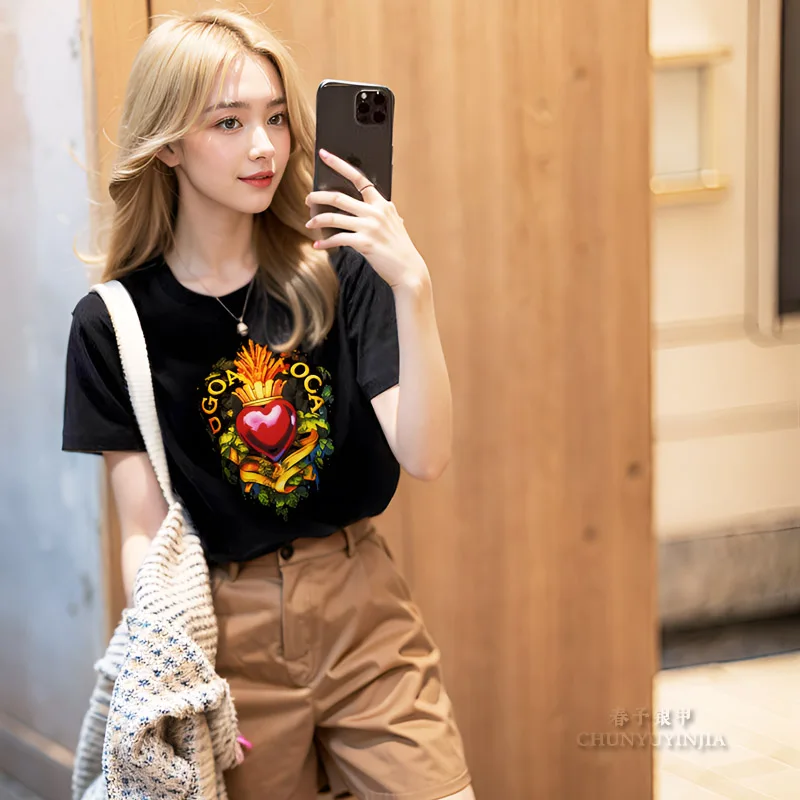 

Chun yu yin jia Designer luxury brand Pattern 3D Heart Pattern Print Short Sleeved t Shirt for Women Black tee Good Quality